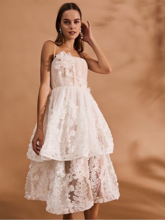 Helsi Dresses & Skirts - Helsi Juliette strapless 3D floral appliqué White Tiered Midi Dress Size XS